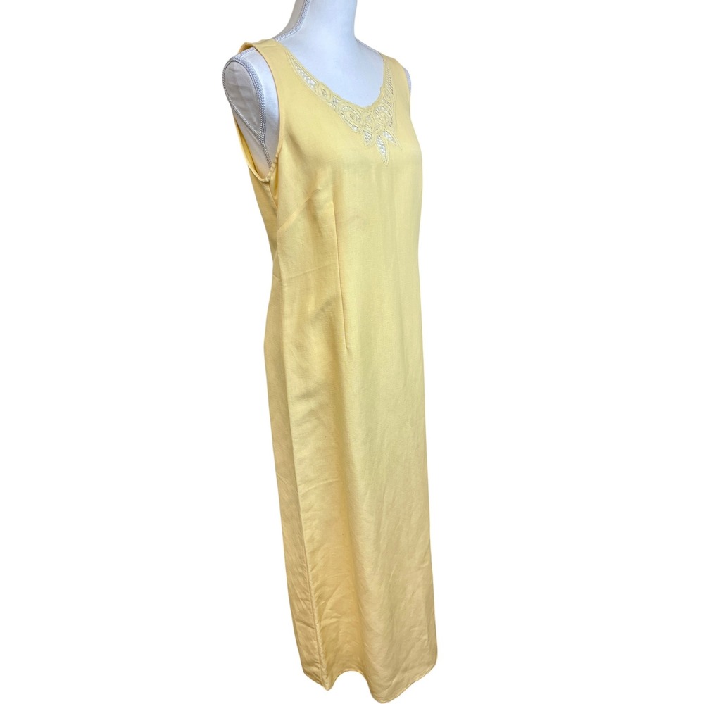 VINTAGE Y2K 90s Butter Yellow Linen Blend Column Dress Sz 8 Crochet Lace Cottage